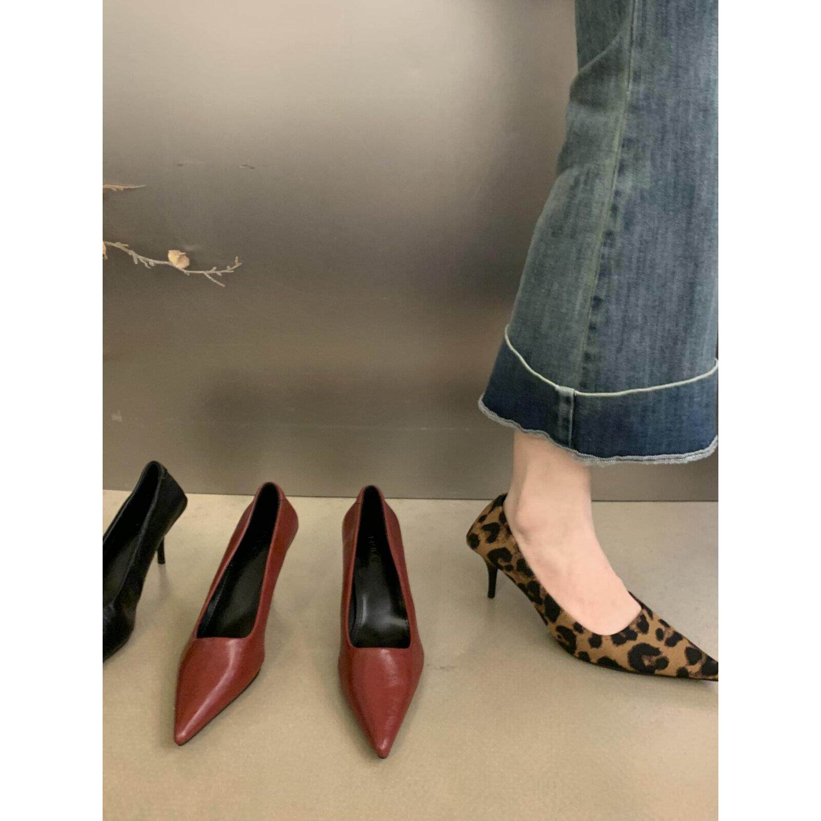 潮牌韩版百搭时尚绒面高跟鞋女细跟2025秋冬新款豹纹尖头舒适单鞋