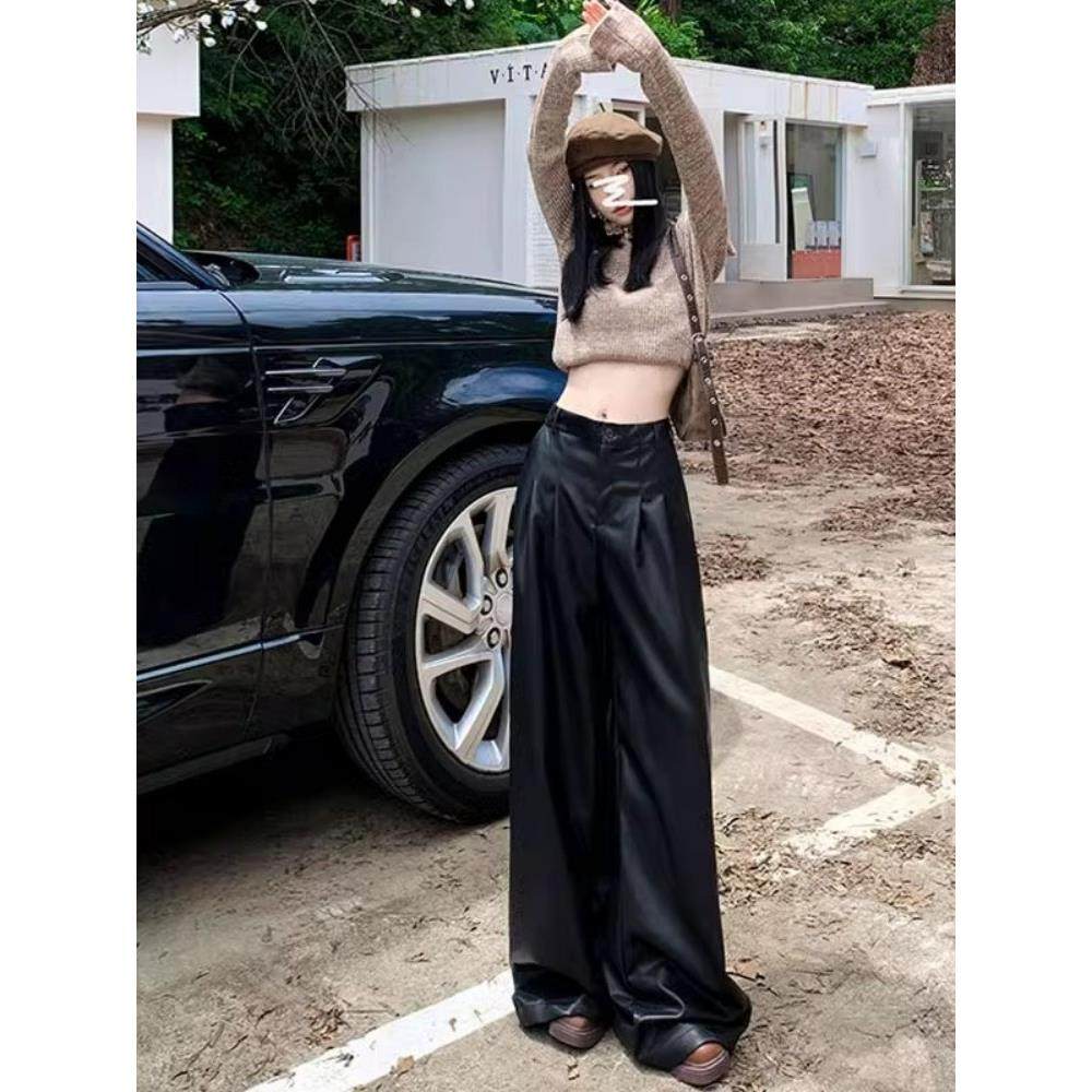 美式海宁真皮皮裤阔腿裤女2025年秋季新款绵羊皮直筒拖地休闲长裤,女装/女士精品,休闲裤,淘宝优惠券,粉丝福利购,淘宝优惠卷