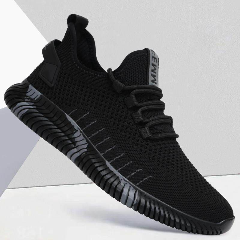 时尚男鞋夏季新款潮流弹力飞织透气黑色网面休闲运动鞋男软底鞋子