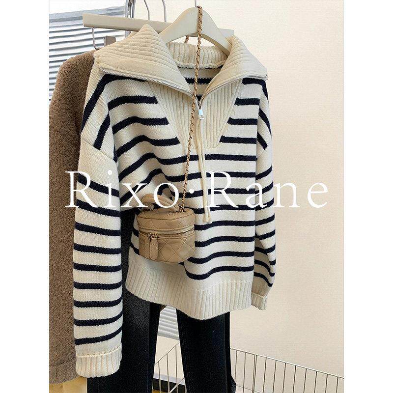 法国Rixo Rane ?浣熊绒条纹半拉链针织毛衣女秋冬季翻领加厚上衣