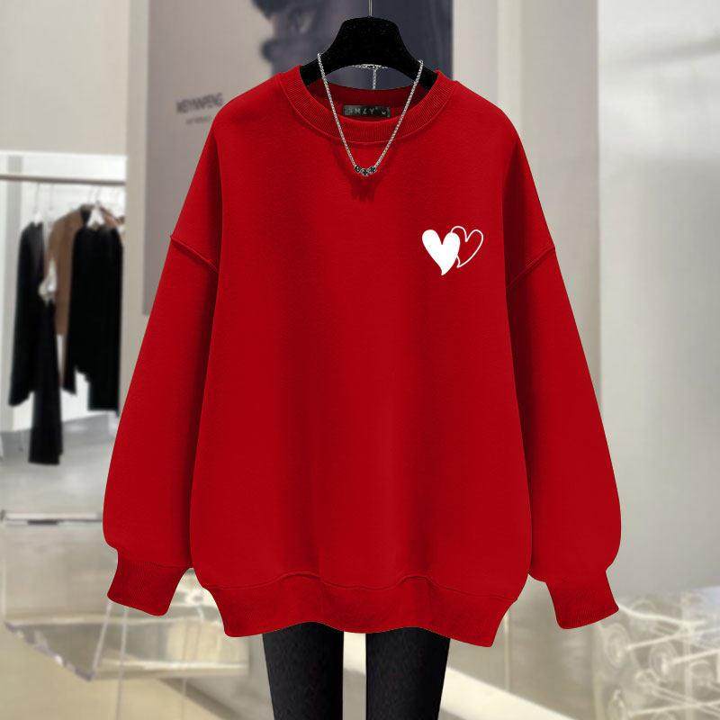 红色爱心圆领套头卫衣女2025新款春秋冬季韩版简约加绒中长款上衣
