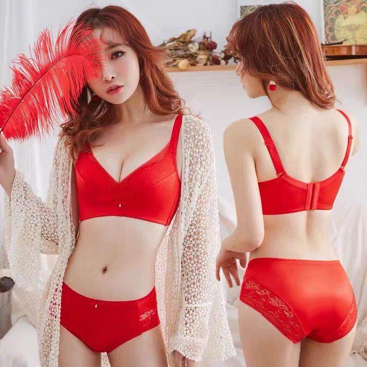 无钢圈本命年大红色文胸套装乳胶胸罩小胸聚拢蕾丝性感内衣内裤女