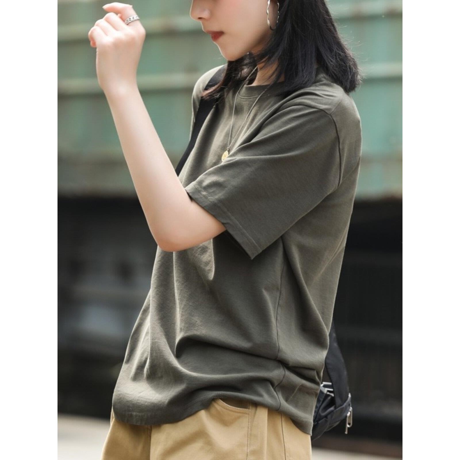 军绿色纯棉短袖t恤女夏季2025新款休闲运动体桖宽松显瘦大码上衣
