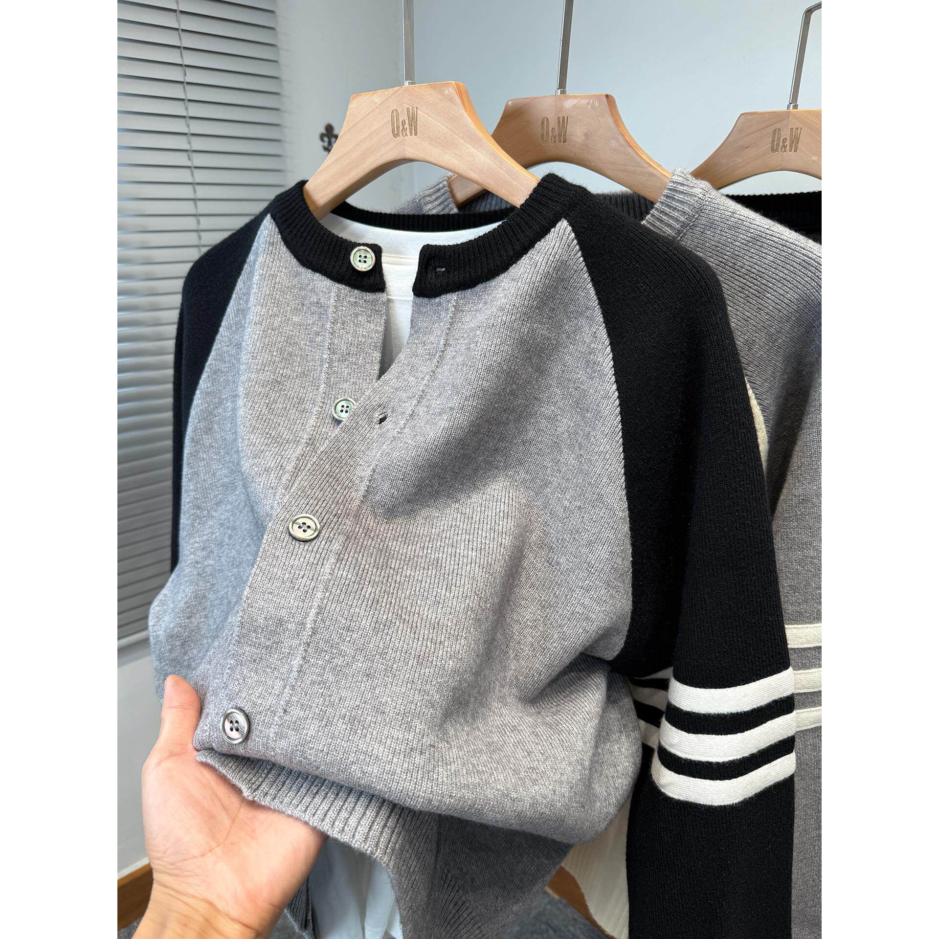 潮牌针织开衫男款秋冬季加厚毛衣外套男宽松拼色外搭圆领排扣上衣