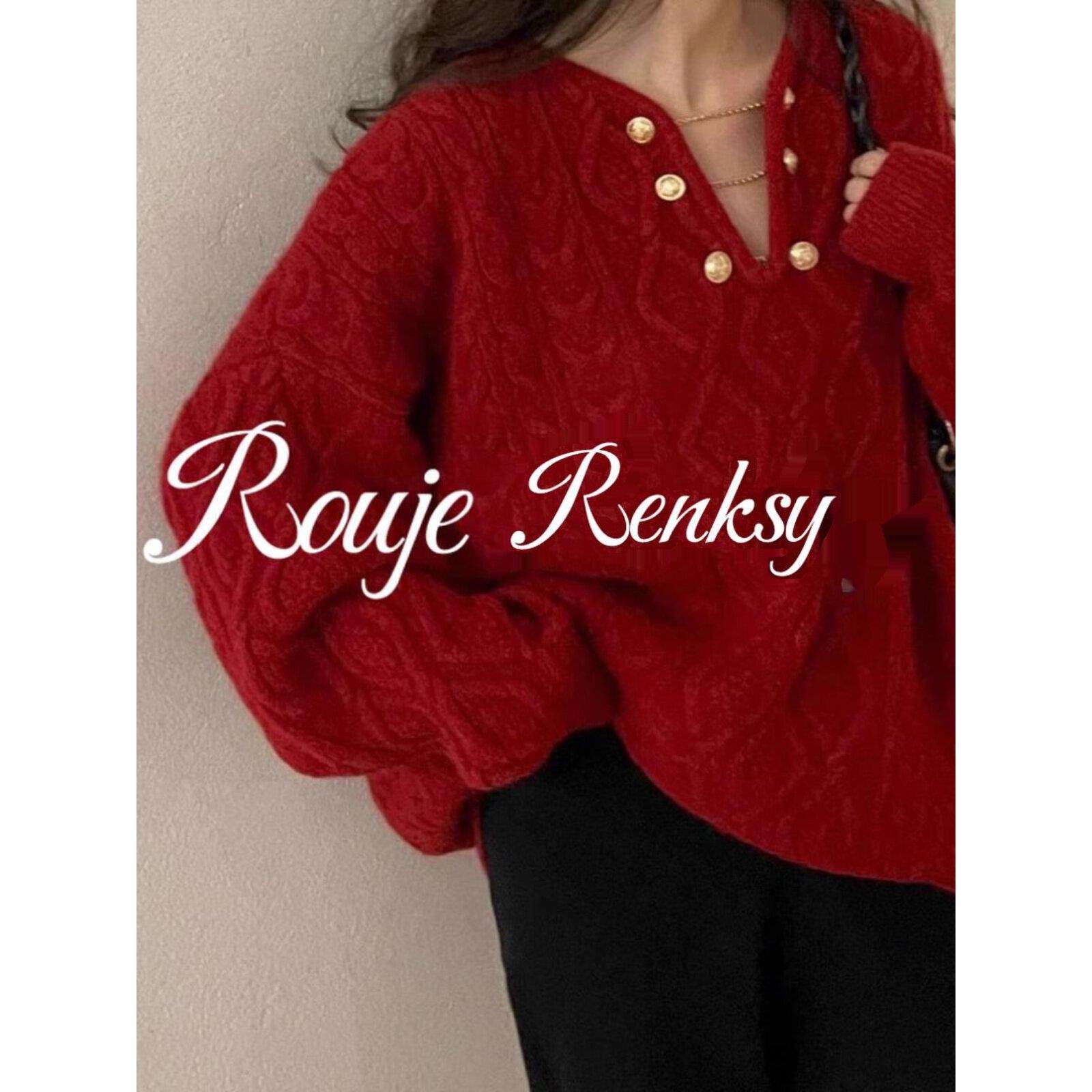 法国rouje renksy法式红色V领炼条麻花针织衫女秋冬宽松软糯毛衣