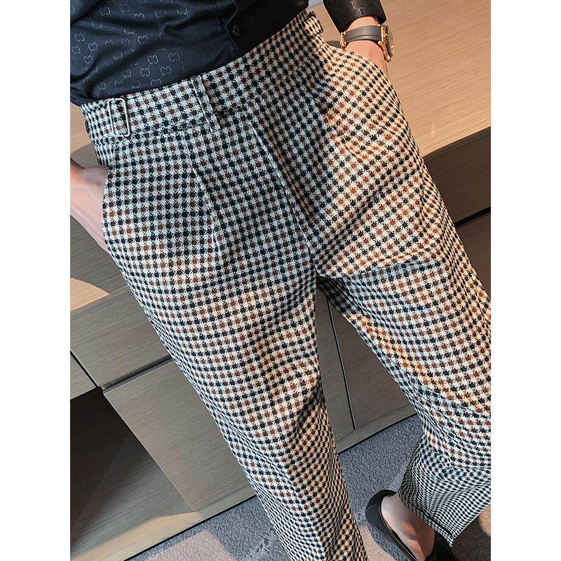 男士千鸟格西裤2025春秋新款修身商务休闲韩版潮流百搭直筒长裤男