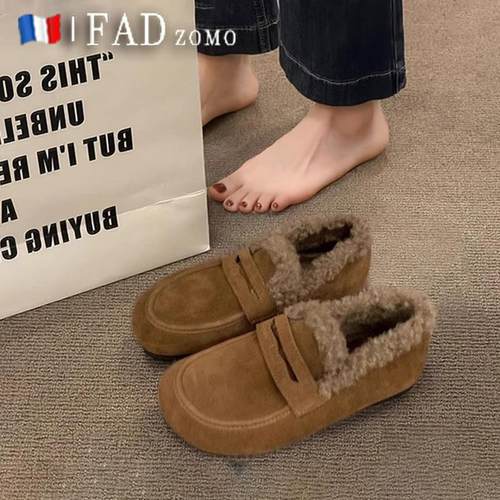 法国Fad Zomo加绒勃肯鞋女2025冬懒人豆豆鞋孕妇平底保暖毛绒棉鞋