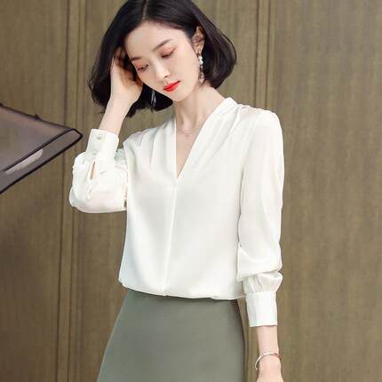 艾丽恩裳高端重磅桑蚕丝上衣女秋冬新款长袖V领职业通勤真丝衬衫