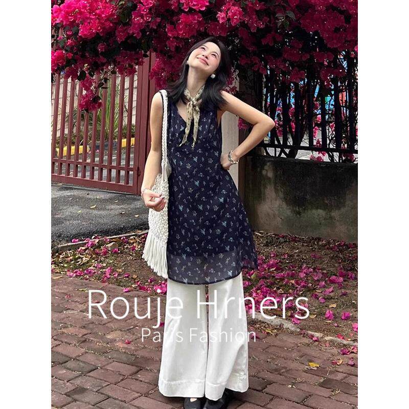 法国rouje hrners法式叠穿中长款碎花裙子不撞款背心u领连衣裙女