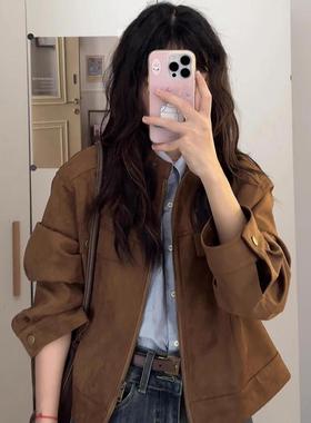 rouje bonjour美拉德复古棕色夹克外套女短款正肩棒球服时尚上衣