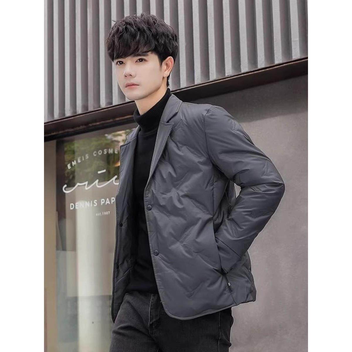 短款西装领羽绒服男冬季2025新款潮牌修身休闲白鸭绒保暖西服外套