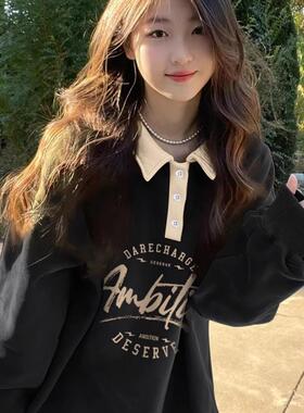 秋冬盐系2025年春秋薄款polo领黑色卫衣女显瘦ulzzang学院风上衣