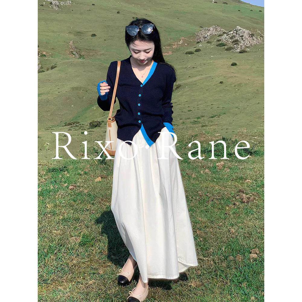 法国Rixo Rane尽显美感⭐撞色拼接V领针织开衫女秋蓝色假两件上衣