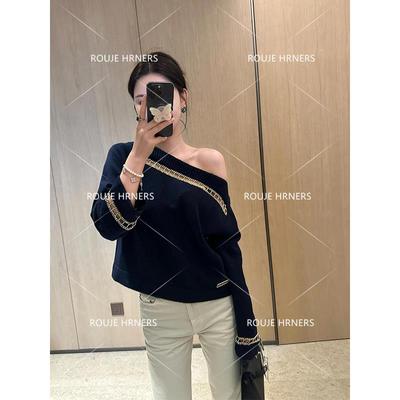 法国rouje hrners法式上衣女镂空设计套头毛衣新款气质斜肩针织秋