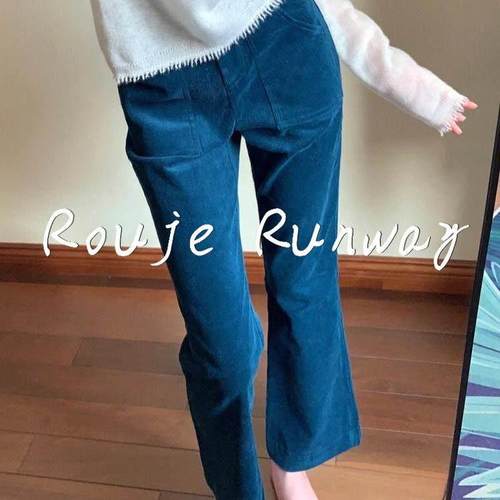 法式Rouje Runway秋冬深蓝色灯芯绒外穿慵懒小众直筒裤高腰裤子女