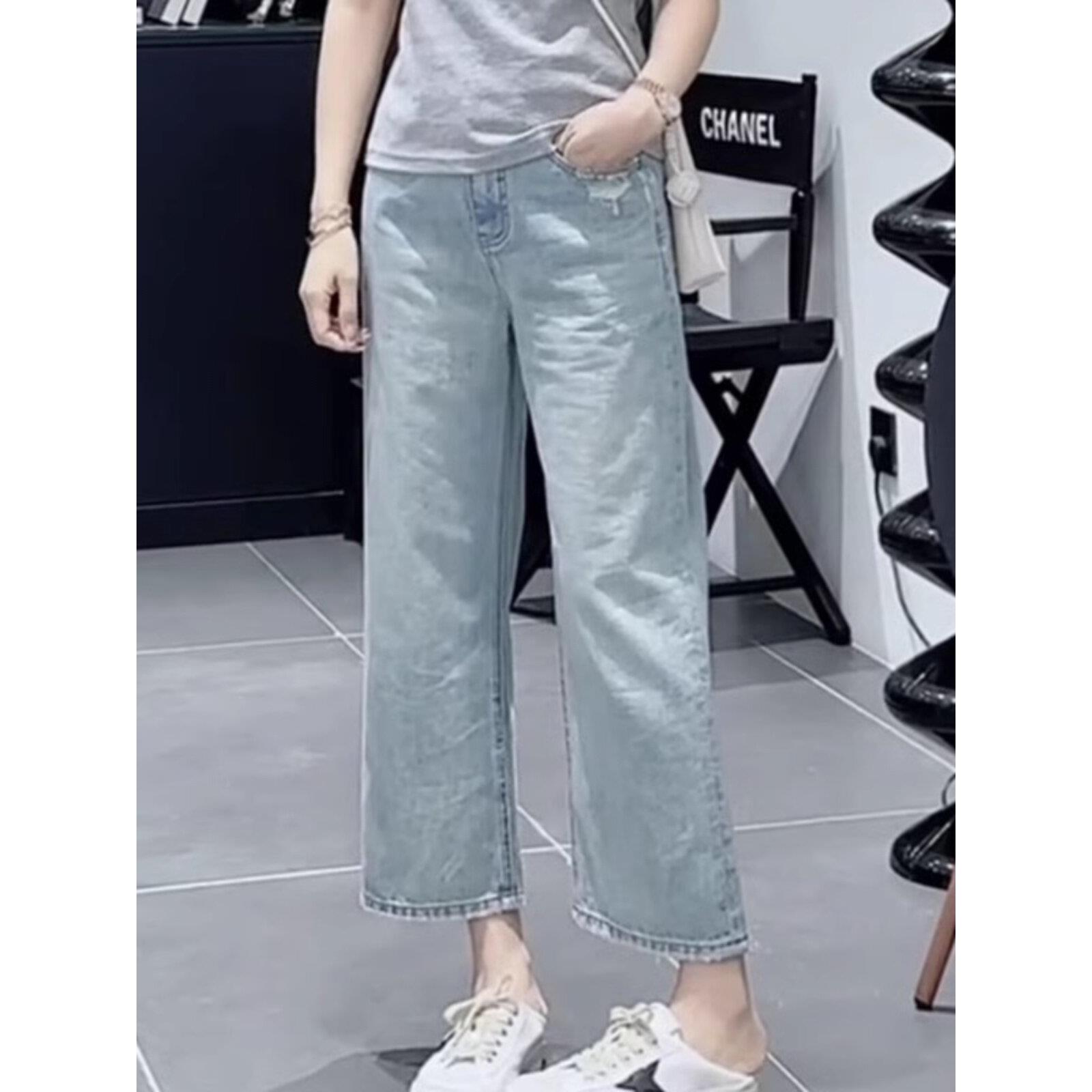 浅色直筒牛仔裤女夏季新款梨形身材大码九分裤胖mm高腰显瘦阔腿裤