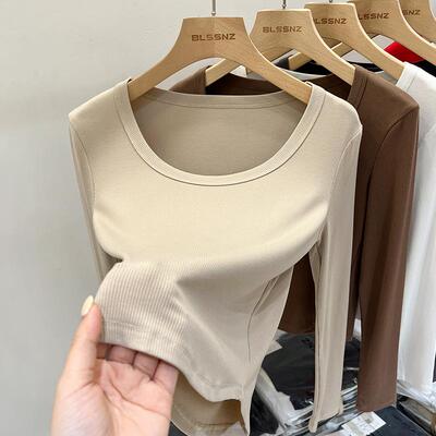 韩国加绒加厚打底衫女2025新款内搭秋冬修身方领上衣短款长袖T恤