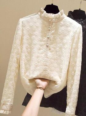法国Rouje Dsyle蕾丝打底衫女年早秋新款长袖网纱内搭木耳边衬衫
