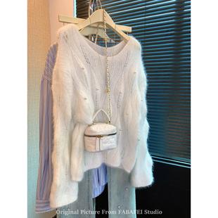 软糯奶呼呼钉珠蓝色毛衣女秋冬设计感镂空针织毛衫 法国Rixo Rane