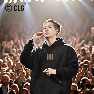 香港CLG潮牌王嘉尔同款三条杠印花重磅连帽卫衣潮流百搭黑色外套