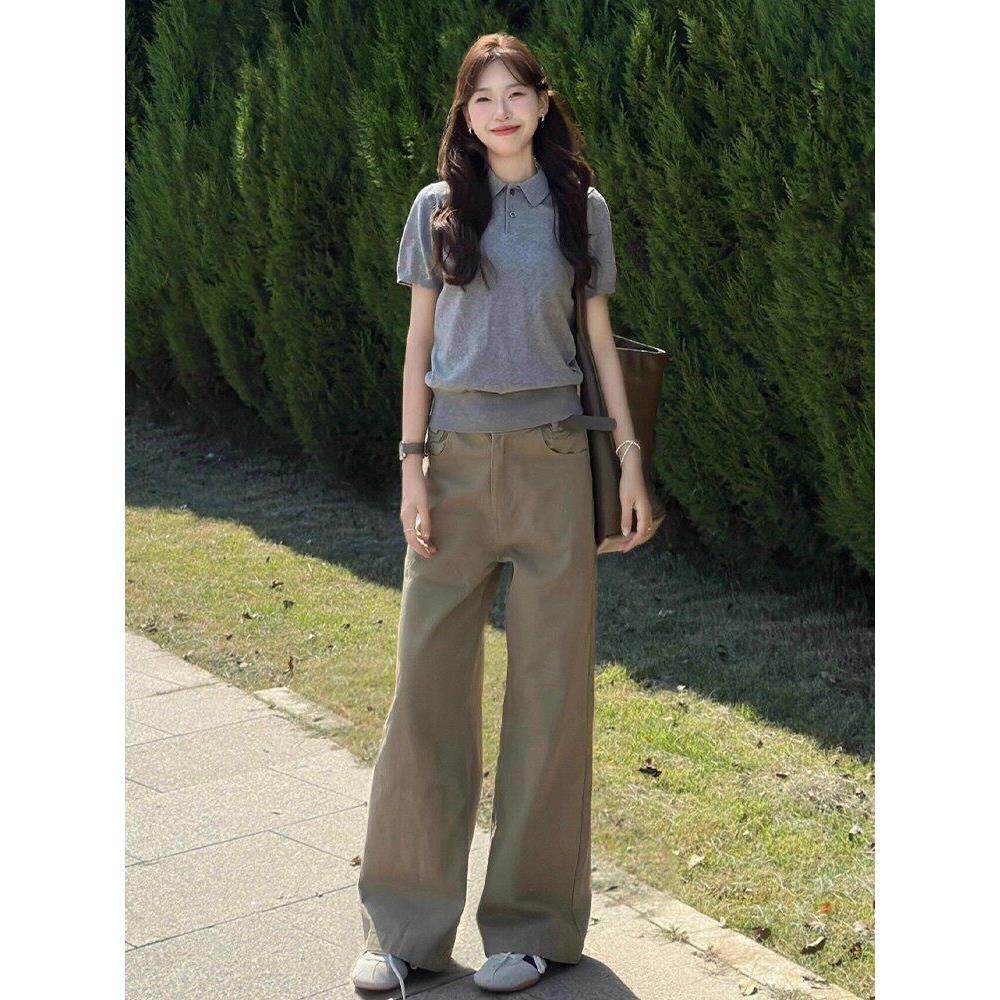 英国DGKP卡其色窄版直筒牛仔裤女2025秋新款高级感高腰宽松阔腿裤