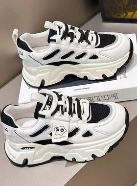 香港真皮内增高老爹鞋女2025年夏季新款女鞋百搭显脚小休闲运动鞋