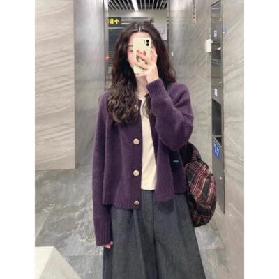 法式rouje damas紫色针织开衫女秋冬加厚浣熊绒短款毛衣外套上衣