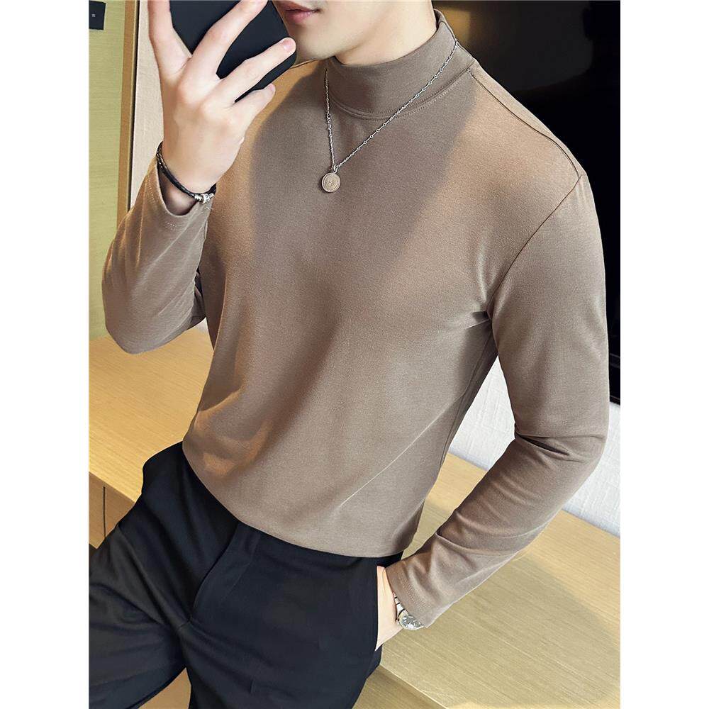 Home Daily~半高领纯棉打底衫男长袖休闲西装内搭纯色男士中领t恤