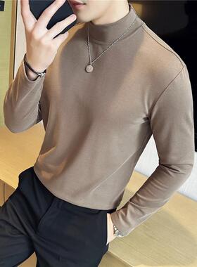 Home Daily~半高领纯棉打底衫男长袖休闲西装内搭纯色男士中领t恤