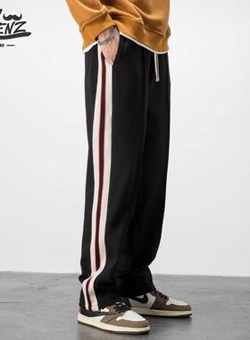 ROLENZ轻奢品牌春秋男垂感阔腿直筒裤宽松百搭拼接撞色卫裤休闲裤