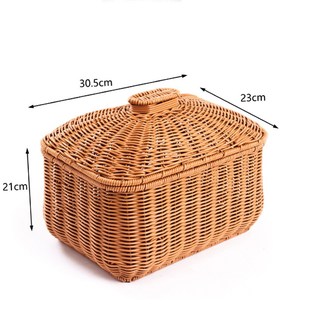 水果篮圆形零食篮子藤编带盖收纳筐首饰化妆品玩具收纳箱仿藤编织