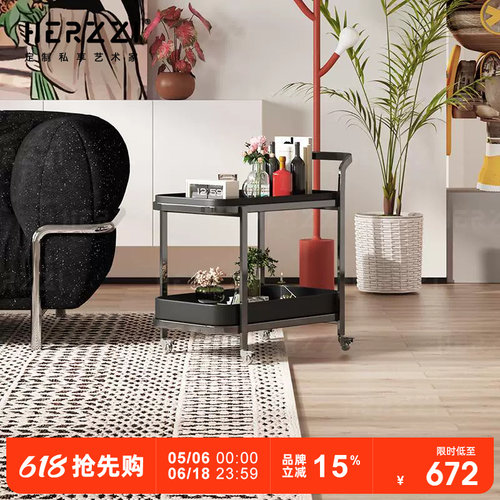 HERZZI不锈钢餐车家用沙发可移动边几极简小推车小茶车双层钛灰色