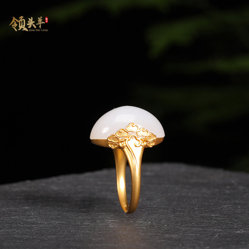 天然新疆和田玉18k金玉戒指精品玉石高级感老料羊脂白玉蛋面指环