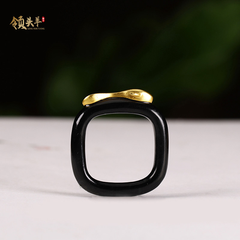 天然新疆和田玉黑青玉戒指 珍品18k金玉年年有余男女士素戒带证书