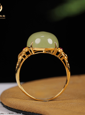 天然和田玉黄玉蛋面玉戒女士戒指