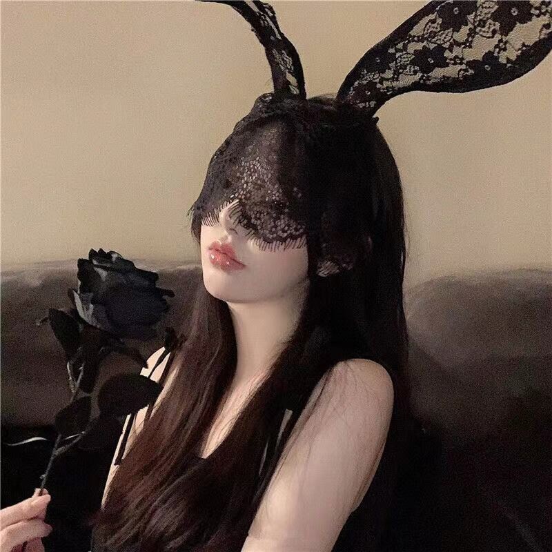 性感蕾丝面具半脸直播头套兔女郎眼罩古风面纱抖音兔耳朵面罩配饰