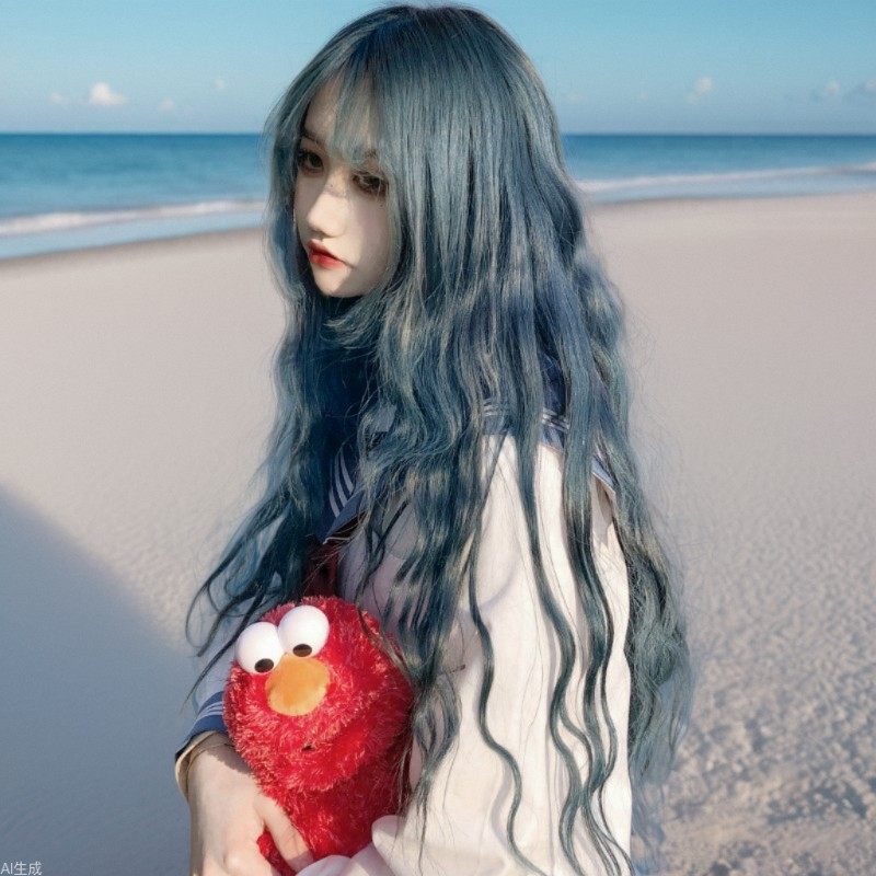 速卖通新品假发女烟灰蓝色玉米烫长卷发可爱羊毛卷化纤全头套