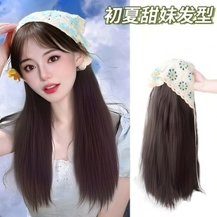 长发半头套现货卷发片高温丝 货源假发女化纤长针织三角头巾一体式