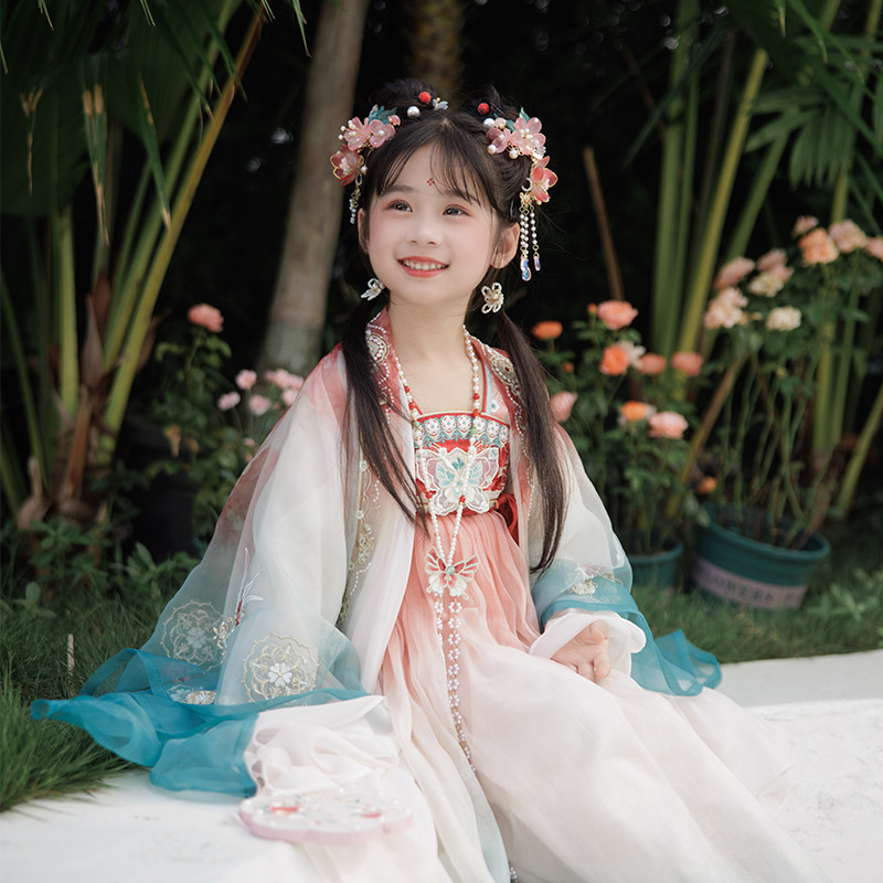 十三余童装[玄鸟惊云]汉服女童芍药刺绣渐变连衣裙套装秋款,童装/婴儿装/亲子装,唐装,淘宝优惠券,粉丝福利购,淘宝优惠卷