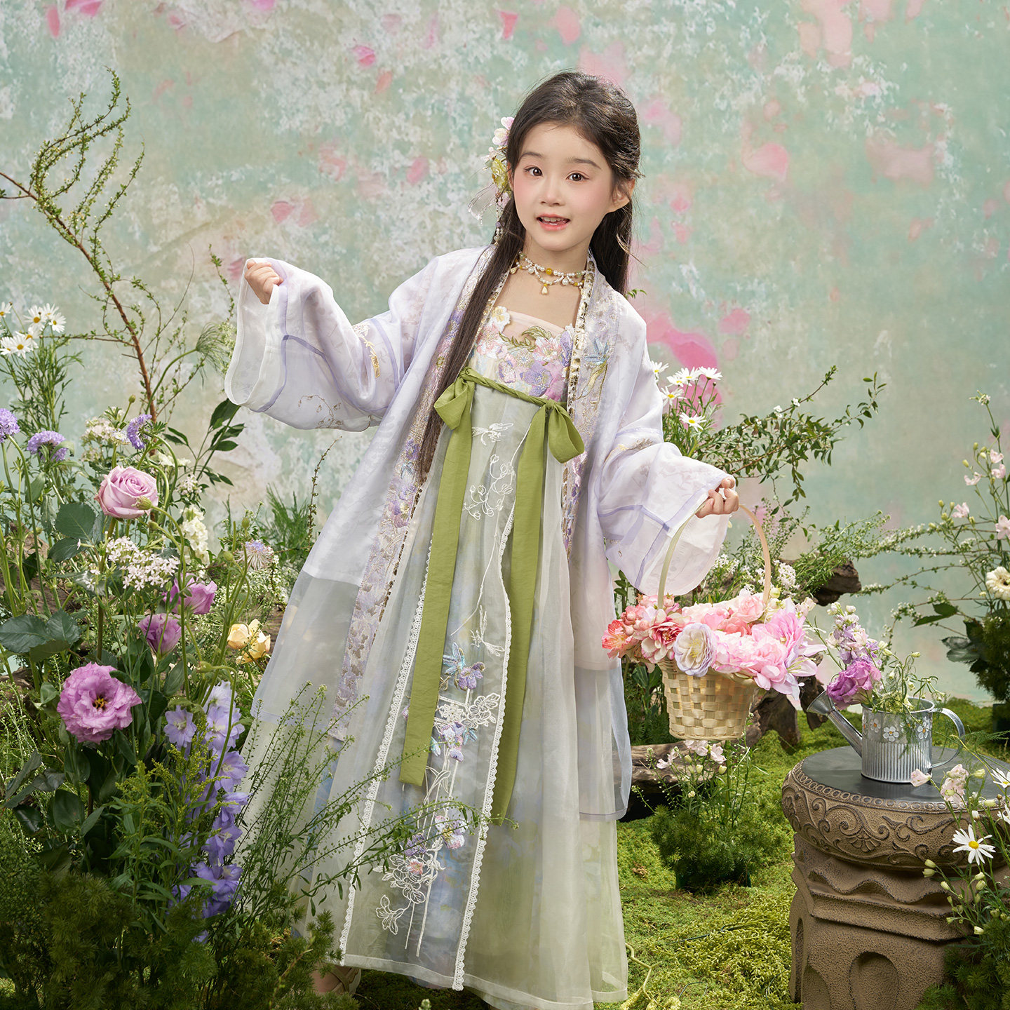 十三余童装【独步揽花】女童春唐制刺绣印花齐胸连衣裙汉服两件套