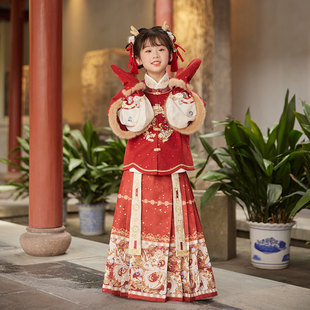 女童过年马面裙套装 明制新年拜年服冬季 红 瑞龙启岁 十三余童装