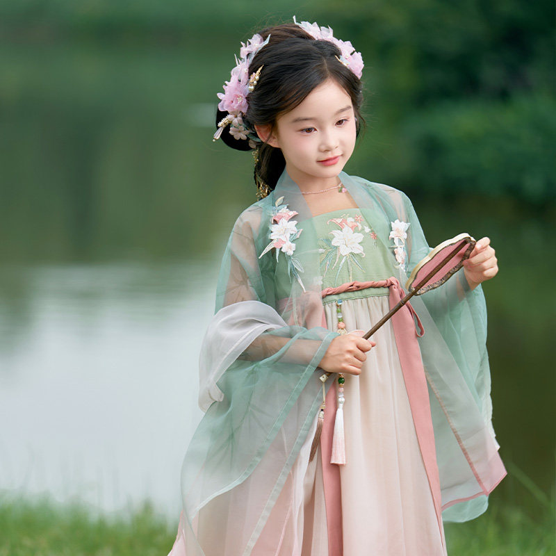 十三余童装[点绛唇]仙气汉服女童夏季渐变印花吊带裙大袖衫套装