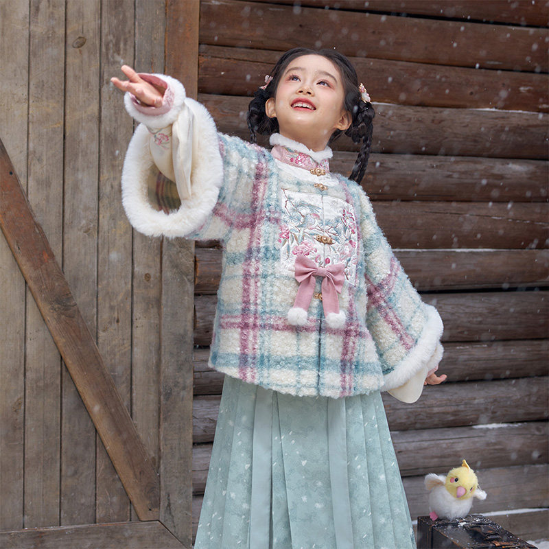 十三余童装【松山煮雪】明制冬季新款假两件格纹毛呢厚上衣女套装,童装/婴儿装/亲子装,唐装,淘宝优惠券,粉丝福利购,淘宝优惠卷