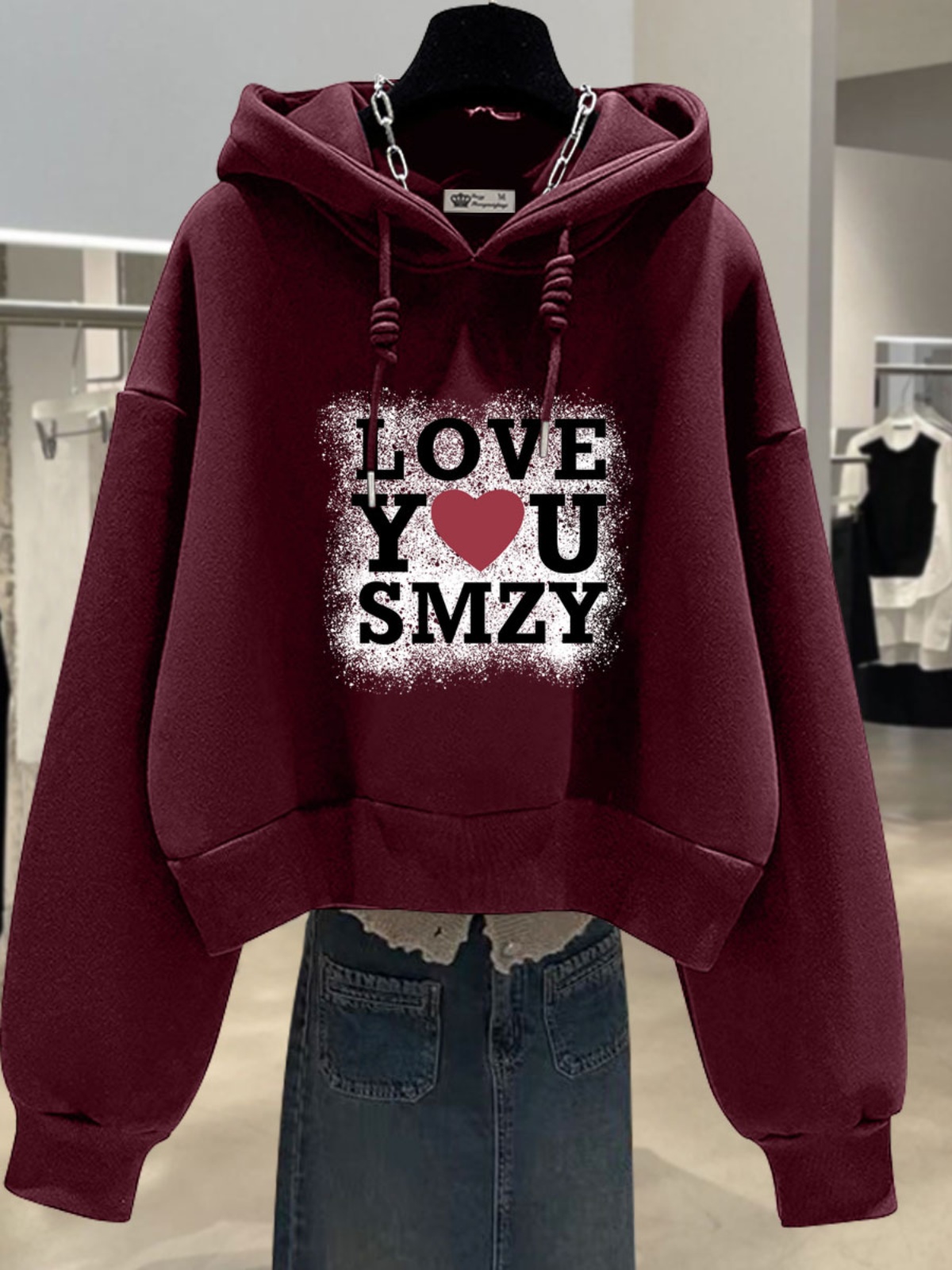 安哥拉红连帽卫衣女宽松加绒2025秋冬新款字母爱心小个子短款外套