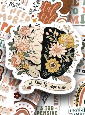 100张Boho Mental Healthy贴纸复古风英文字母手账高颜值防水贴画