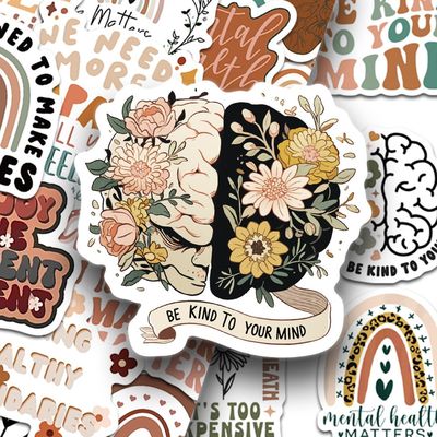 100张Boho Mental Healthy贴纸复古风英文字母手账高颜值防水贴画