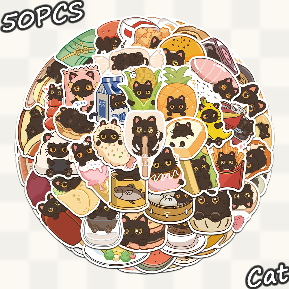100张贪吃黑猫贴纸趣味手绘可爱风装饰手账桌面手机壳笔记本