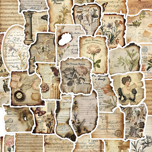 100张复古烧毁纸张贴纸趣味写实风儿童装饰手账桌面手机壳笔记本