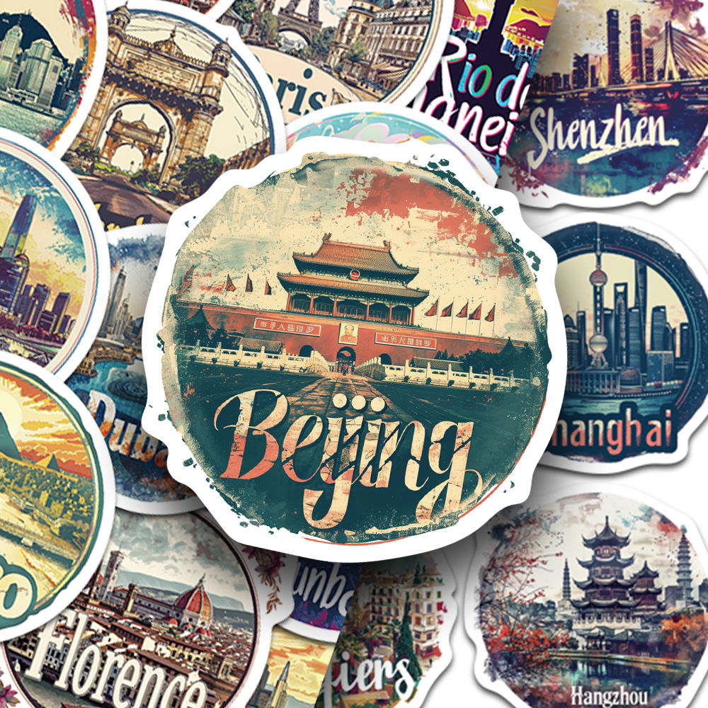 100张手绘城市地图贴纸卡通复古风高颜值手账本diy手机壳防水贴画