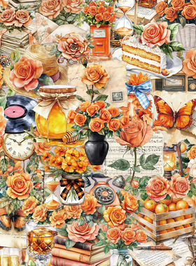 100张橙色风格贴纸复古花卉PET材质装饰用手账桌面手机壳笔记本